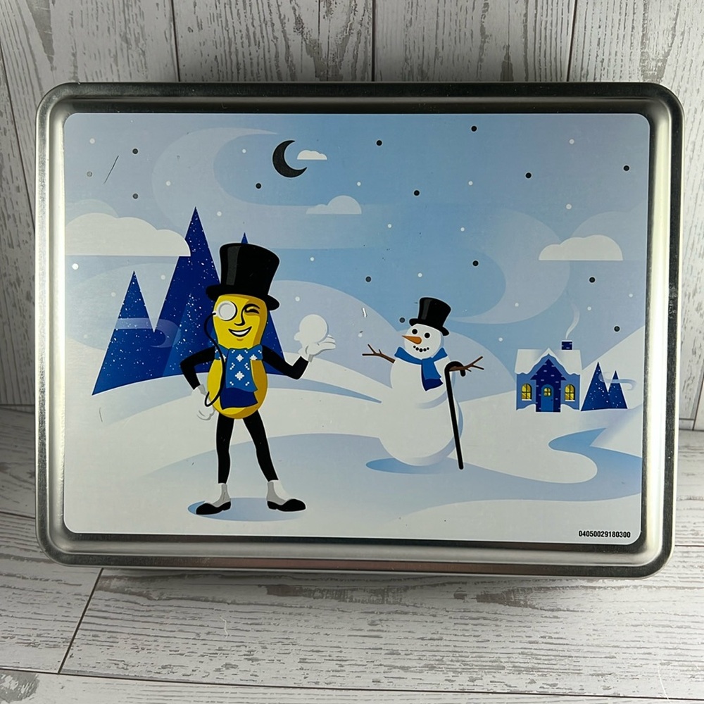 Vintage Mr. Peanut Winter Scene Metal Tin